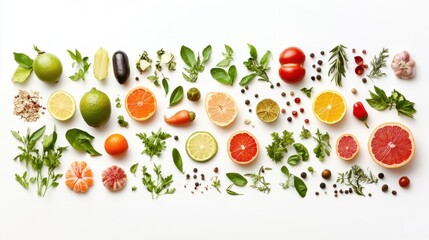 Vibrant array of fresh fruits, vegetables, and herbs on a clean white background, ideal for showcasing healthy eating habits, colorful culinary ingredients, and the art of food photography This image