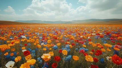 Vibrant field of wildflowers in full bloom under a bright sky, with distant mountains in the background