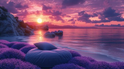 Serene sunset over a tranquil beach with vibrant purple flowers and a cozy cushion by the shore