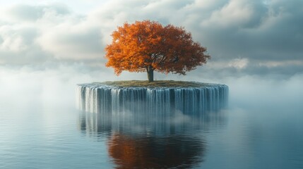 Majestic autumn tree on a floating island with cascading waterfalls and misty background