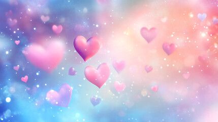 A dreamy background filled with colorful floating hearts for romantic themes.