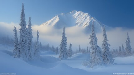 Majestic snow-covered mountains surrounded by frosty trees under a clear blue sky at dawn