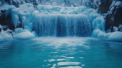 Icy waterfall cascading into a turquoise pool surrounded by snow-covered rocks and trees