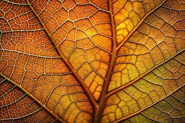 Obraz premium Autumn leaf texture close-up highlighting warm colors and intricate veins