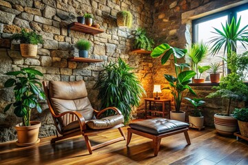 Fototapeta premium Rustic Living Room Interior: Cozy Lounge Chair, Houseplants & Stone Wall