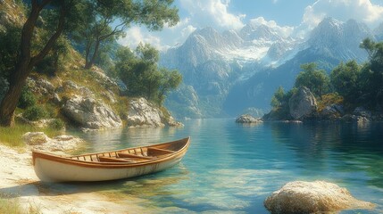 Serene lake scene with a wooden boat, surrounded by majestic mountains and lush greenery
