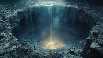 Mysterious cavern with glowing water cascading into a deep abyss surrounded by rocky formations