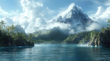 Serene tropical landscape featuring a majestic mountain, clear waters, and lush greenery