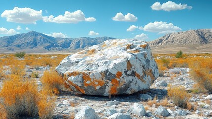 Large boulder covered in orange lichen amidst a vibrant desert landscape under a blue sky