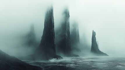 Mysterious rocky formations rise dramatically from a foggy ocean, creating an eerie atmosphere