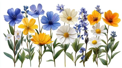 A vibrant arrangement of various wildflowers displaying colorful blooms and lush greenery