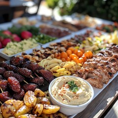 A vibrant outdoor feast featuring assorted dishes like hummus, grilled meats, and fresh vegetables