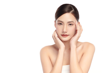 Fototapeta premium Beautiful young asian woman with clean fresh skin on white background, Face care, Facial treatment, Cosmetology, beauty and spa, Asian women portrait.