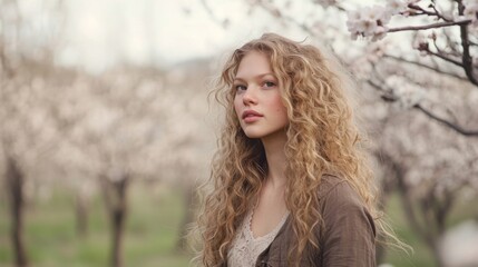 Obraz premium Young woman with curly blonde hair stands amidst blooming sakura trees, embodying serenity and natural beauty.