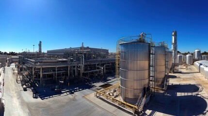 Obraz premium Industrial facility with large storage tanks and processing equipment under a clear blue sky.