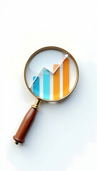 A simple 3D render of a magnifying glass over a glowing bar chart, symbolizing data analysis and business insights, placed on a plain white background.