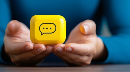 Closeup of a hand holding bright yellow smiley face button, symbol of happiness and positivity