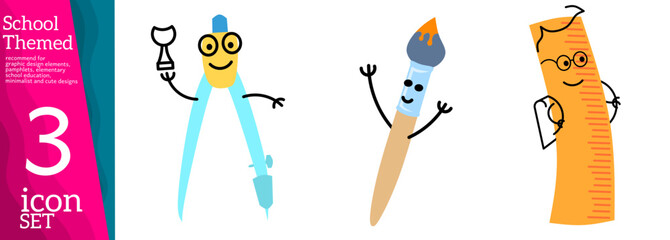 Stationery. Cartoon characters with faces. Friendly company of tools for painting and creating. Back to school, character background template with cute cartoon mascots on white background. Vector