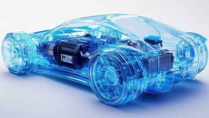 Transparent blue sports car showcasing engine and chassis details.