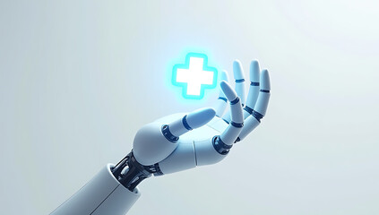 A simple 3D render of a robotic hand holding a glowing medical cross, symbolizing AI-driven healthcare innovation, placed on a plain white background.