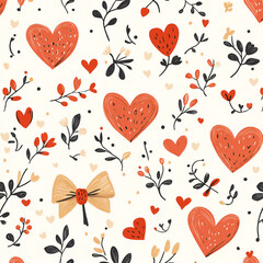 A whimsical pattern featuring hearts and floral elements in warm hues.