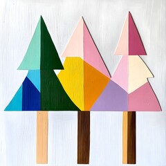 Colorful geometric trees with vibrant triangles on a light textured background showcasing playful design and abstract art in a modern style
