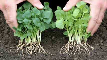 Hands hold seedlings, growth comparison, soil, garden, agriculture