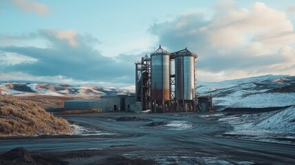 Obraz premium Industrial facility with silos in a snowy landscape under a cloudy sky.