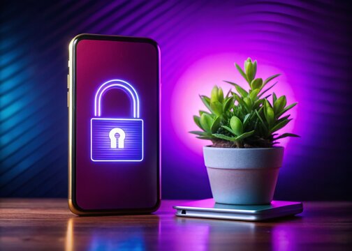 Secure Digital Verification: Smartphone with Padlock & Plant in Purple