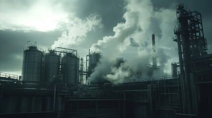 Industrial facility with smokestacks and storage tanks against a cloudy sky.