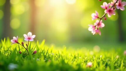 Delicate Pink Blossoms and Vibrant Green Grass in the Warm Sunlight of Spring