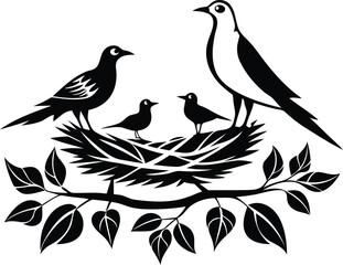 Birds Family sitting on top of a nest vector, birds and baby sitting on top of a nest silhouette and line art vector illustration design