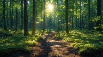 Obraz premium Sunlight filtering through lush green trees along a serene forest pathway, creating a tranquil atmosphere