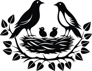 Birds Family sitting on top of a nest vector, birds and baby sitting on top of a nest silhouette and line art vector illustration design