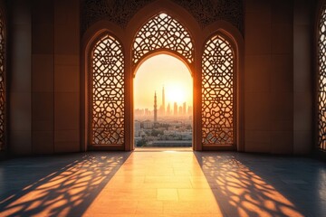Fototapeta premium Sunrise view through ornate archway.