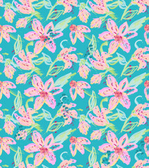 Pastel Pink on Turquoise Fluffy Flowers Seamless Repeat