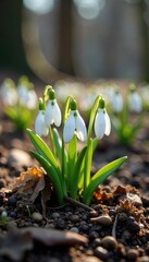 Small white snowdrops emerging from the ground amidst dry underbrush, forest, frost, nature