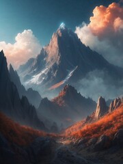 Sunset Over a Jagged Mountain with Fiery Red Foliage