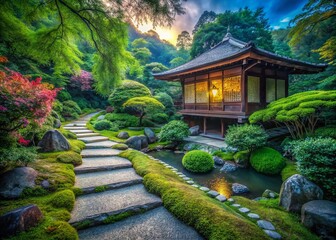 Fototapeta premium Serene Japanese Garden: Long Exposure Hut & Pathway Stock Photo