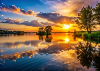 Fototapeta premium Serene Lakeside Sunset: Golden Hour Reflection on Calm Water
