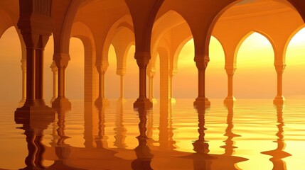 Serene sunset reflection in a grand architectural hall with arched pillars and tranquil waters