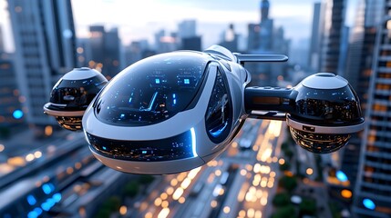 Fototapeta premium Futuristic Flying Vehicle Concept Over City Skyline at Dusk with Illuminated Streets and Modern Architecture in Background