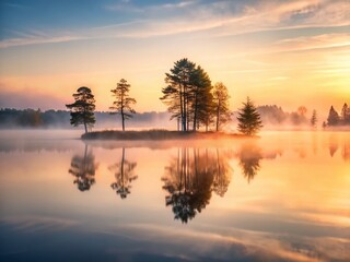 Obraz premium Serene Misty Sunrise Lake: Minimalist Landscape Photography