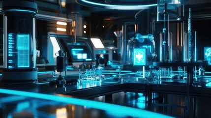 Futuristic laboratory interior with advanced technology and blue lighting