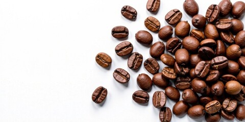 Naklejka premium Roasted Coffee Beans Scattered on White Background A Detailed Close-Up Image Perfect for Culinary, Beverage, or Food-Related Designs