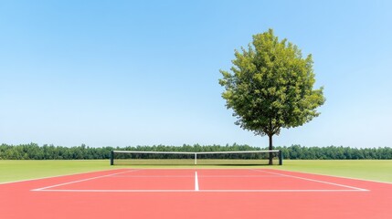 Fototapeta premium A serene tennis court with a vibrant red surface and a solitary tree under a clear blue sky