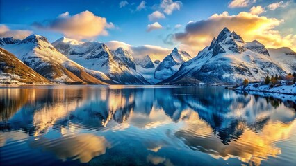 Serene Snowy Mountain Reflection in Calm Fjord - Winter Wonderland Stock Photo