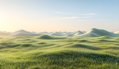 Obraz premium Serene Landscape of Gentle Rolling Hills Covered in Lush Green Grass Under Clear Blue Sky During Peaceful Daylight Hours