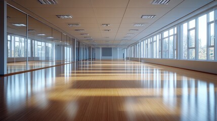 Spacious Modern Office Interior with Natural Light and Wood Flooring