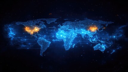 Digital world map visualization with glowing connections and data streams across continents
